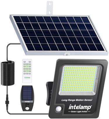 intelamp Projecteur Solaire Exterieur 3000LM 170LED avec Télécommande, 12000mAh Lampe Solaire Extérieur Détecteur de Mouvement, IP65 Étanche Spot Solaire(5m Câble) pour Jardin