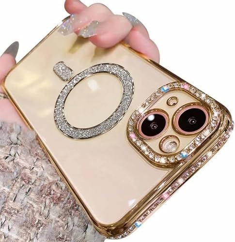 Rokmym Hülle kompatibel mit iPhone 16 Transparent mit Magnetic Handyhülle Bling Diamant Glitzer Kamera Schutz Soft TPU Bumper Stoßfest Cover Case Schutzhülle für iPhone 16,Gold