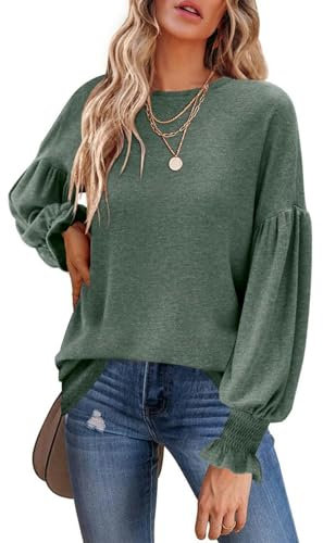 MRYFODA Camisas Mujer Verano Camisetas De Otoño E Invierno para Mujeres Mangas De Linterna Plisada-Verde-SG