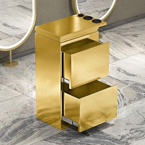 ZDMZR Friseursalon Station, Beauty Station für Friseure, Salon Aufbewahrungsschrank, Salontisch mit 2 Schubladen, Stylisten Aufbewahrungsschrank mit 3 Haartrockner Löchern(Gold)