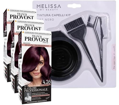 KIT TINTA CAPELLI: 3x Tinta Capelli Provost Colore Professionale a Domicilio, Valorizza Riflessi e Brillantezza, 4.26 VIOLA PROFONDO + OMAGGIO Set per la Tintura Capelli da 3pz