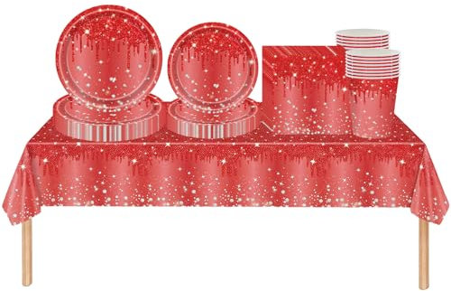 69 Rojo con Diamantes Brillantes Juego de Vajilla Desechable en Papel para Fiesta Cumpleaños, Platos y Vaso Servilletas Copa, Navidad Barbacoas Camping Picnic Boda para Niños y Adultos
