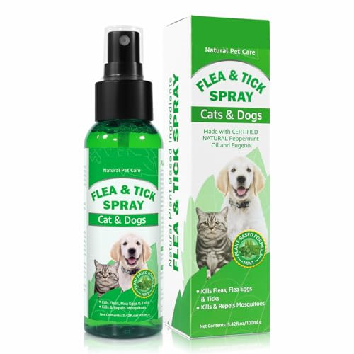 Natural Flea and Tick Spray for Cats and Dogs, Plant-Based Formula with Peppermint Oil, 100ml