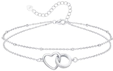 Loutade Silver Women's Anklets, 925 Sterling Silver Ankle Bracelet for Women, 22+5cm Adjustable Double Layer Anklets, Dainty CZ Interlocking Circle-Heart Beach Barefoot Foot Chain for Summer Holiday