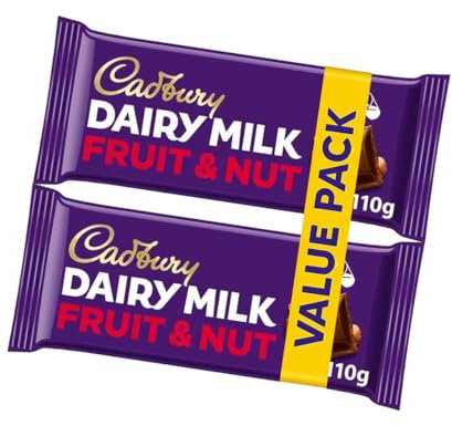 Cadbury Dairy Milk Fruit & Nut 220g - Creamy Milk Chocolate with Raisins & Almonds, Indulgent Snack Bar Duo, Sharing Pack, Great Dessert Option, Perfect Treat Idea for Gifting (2x110g)