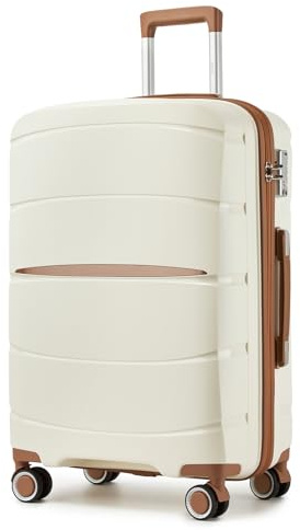 KONO Koffer Mittelgroß Leicht Polypropylen Hartschalenkoffer L Größe Reisekoffer Mittelgroß mit 4 Rollen und TSA Schloss, 66.5×45.5×24 cm, 61 L, Creme/Braun