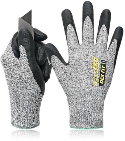 DEX FIT Cut Resistant Gloves Cru453 - Level D (A5), 3D Comfort Fit, Power Grip, Thin, Breathable, Touchscreen - Mechanic, Warehouse, Packaging Gloves for Men & Women; Grey, M (8), 1 Pair
