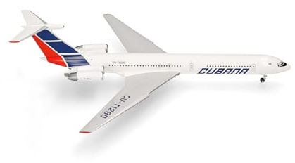 Herpa Model Airplane Cubana de Aviación Ilyushin IL-62M, miniature scale 1:200, collectible, airplane model without stand, metal