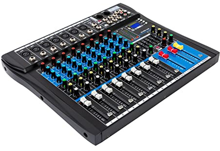 8 Kanal Audio Mischpult, Stereo Sound Mischpult Bluetooth USB Aufnahme Computerwiedergabe Konsole Verstärker USB DJ Live Mixer Bluetooth mit 10-Segment-LED-Pegelanzeige
