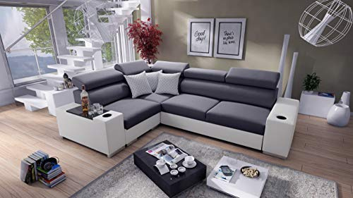 IM SOFA 3-Sitzer Ecksofa PERS II – Komfortables Polstersofa/Eckcouch für Wohnzimmer (Grau Sawana + Weißes Kunstleder, Links)