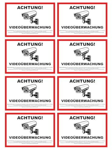 Videoüberwachung Aufkleber Sticker wetterfest & wasserabweisend Warnschild Hinweisschild Kamera-Überwachung Für Innen und Außenbereich (8x DSGVO A7)