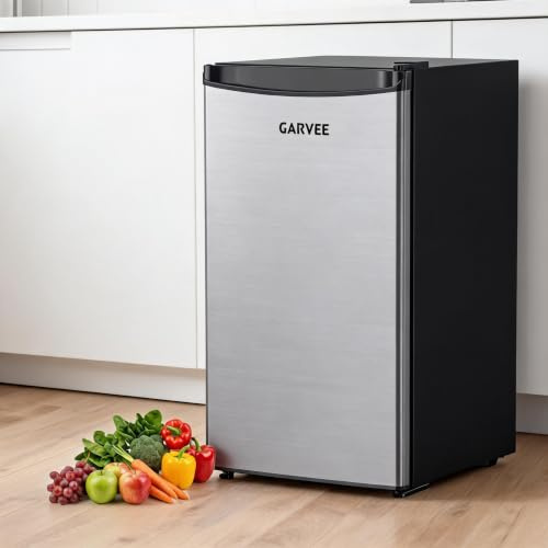 GarveeMore Mini Kühlschrank, 45L, mit Gefrierfach, Schnelle Kühlung, 5 Temperaturstufen (0-18°C), 41 dB leise, verstellbare Füße, Gemüseschublade, für Zimmer, Büro, Edelstahltür, Energieklasse A
