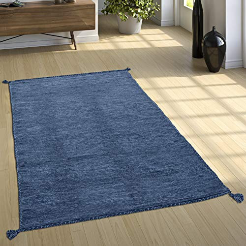 Designer Teppich Webteppich Kelim Handgewebt 100% Baumwolle Modern Meliert Blau, Grösse:80x150 cm