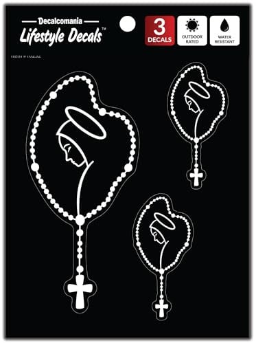 WALL PALZ Mary Rosary Decals - Set of 3 Christian Stickers for Cars, Trucks, Tablets, Tumbler, Cell Phones - Religious Holy Rosary Sticker Decal - White Vinyl, Outdoor Rated