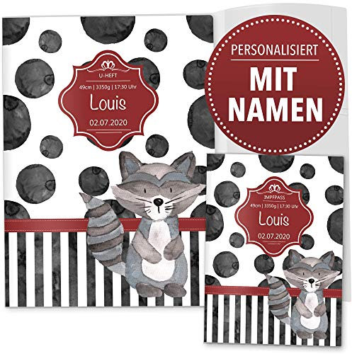 OLGS U-Heft- und Impfpasshüllen 3-teilig Set Creative Royal | Untersuchungsheft Hülle & Impfpasshülle personalisierbar mit Namen und Geburtsdatum (U-Heft Set 3-teilig personalisiert, Waschbär)