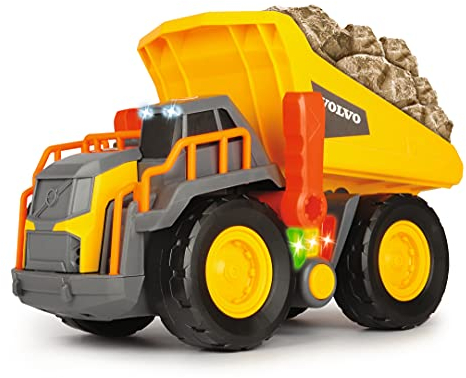 Dickie Toys Volvo Spielzeug Kipplaster mit Gewichtserkennung, Weight Lift Truck, LKW Kipper, erkennt 3 verschiedene Gewichtsstufen, bewegliche Ladefläche, Licht & Sound, inkl. Batterien, 30 cm, Gelb/Grau