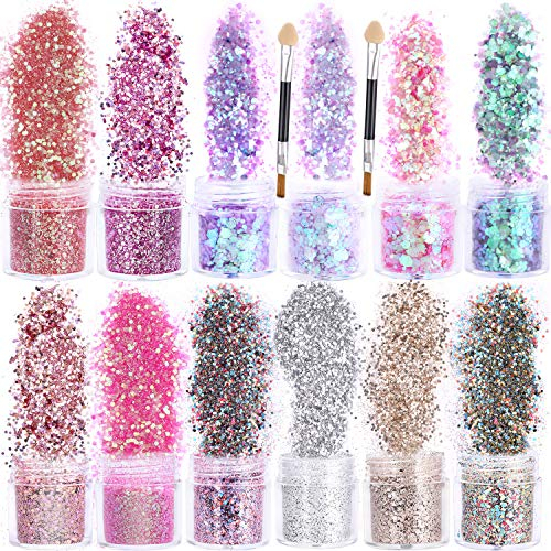 HOWAF 12 Boxen Glitzer für Nagel Gesicht Körper mit Pinsel, Make-Up Pailletten Glitter für Nägel Art Augen Lippen Haare Körper Dekoration, Halloween Weihnachten Festival Masquerade Make-Up Zubehör