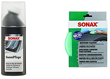SONAX GummiPfleger mit Schwammapplikator reinigt, pflegt & hält alle Gummiteile elastisch & MicrofaserPflegePad (1 Stück) für gleichmäßiges Auftragen von Kunststoffpflegemitteln im Innenraum