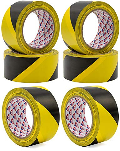 Hermax 6 Warnband Rollen - 50mm x 33m PVC Klebeband Schwarz-Gelb - Absperrband Sicherheitsmarkierung