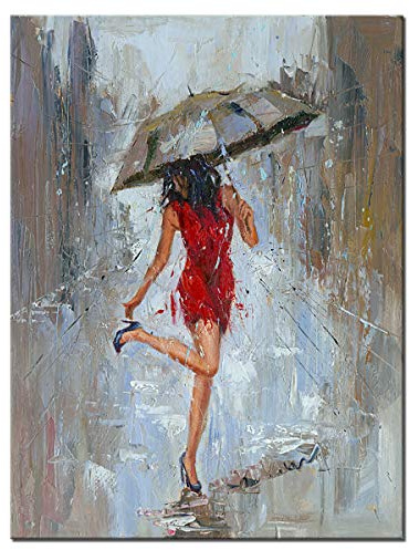 Seekland Art Abstrakte Wandkunst, Regen, modernes Leinwandgemälde, Mädchen-Regenschirm mit rotem Kleid, Spaziergang in der Straße, Figur-Kunstwerk