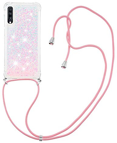 MRSTER Handykette Kompatibel mit Samsung Galaxy A70, Glitzer Flüssig Bewegende Treibsand Handyhülle mit Necklace mask Lanyard Schutzhülle für Samsung Galaxy A70. LP Star Pink