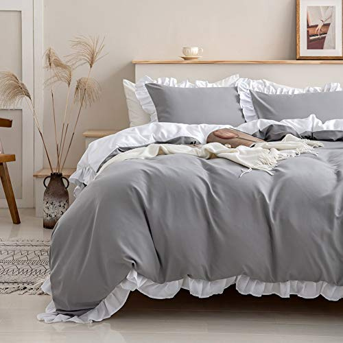 Loussiesd Bettwäsche-Set mit Rüschen, weiche und atmungsaktive gewaschene Mikrofaser, 2-teiliges Bettwäsche-Set, Shabby-Chic-Farmhouse-Bettbezug und Kissenbezüge, pflegeleicht, grauer King-Size-Bett