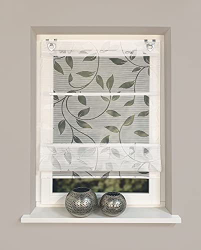 Schmidt Gard Bambusoptik Blätter Ausbrenner inkl. Haken weiß Raffrollo mit Magnetraffung Gardine ohne Bohren Montage direkt am Fenster (45x130cm)