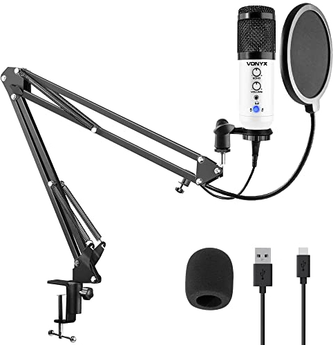 Vonyx CMS320W - Studio Mikrofon mit Halterung, inkl. Pop-Filter mit Schwanenhals, Gaming Mikrofon PC Set, 14kHz, USB Mikrofon, Streaming, Podcast, Aufnahme Mikrofon, Weiß