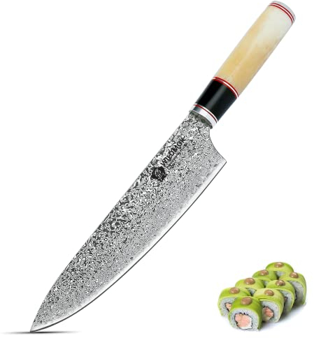 WILDMOK Couteau de Chef Professionnel 21,4 cm - Tout Usage, Lame en Acier Damas, Manche en Os de Chameau