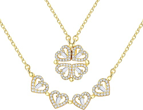 jagosen Damen Kette Herzkette Abnehmbare Halskette Mit Vierblättrigem Kleeblatt-anhänger Halskette Mit Vier Herzen Halskette Beste Valentinstagsgeschenke Für Frauen (Gold)