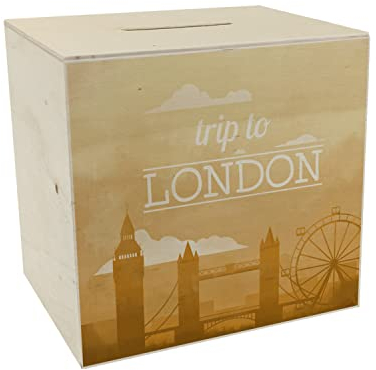 Spardose aus Holz mit schönem Motiv und Text - Trip to London in gelb Spardose aus Holz für den nächsten Städtetrip nach London als Geschenk für Menschen die gerne und viel um die