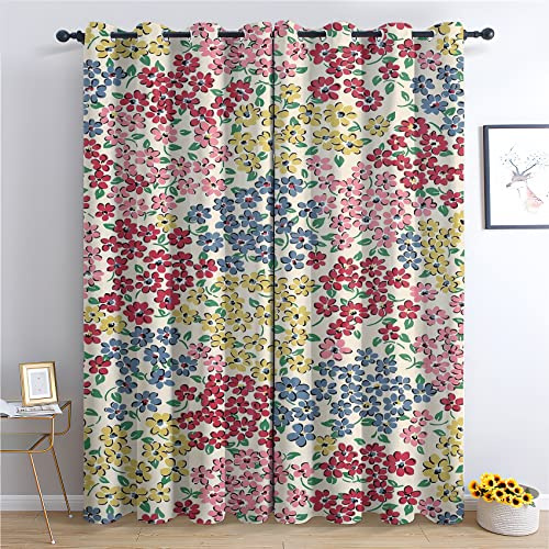 WQIZXCW Floral Curtains, Colorful Flower Blackout Curtains for Bedroom Living Room, Thermal Eyelet Curtains, 90 Drop Patterned Window Treatments, 90x90 Inch (W X L), 2 Panels - Beige & Multi