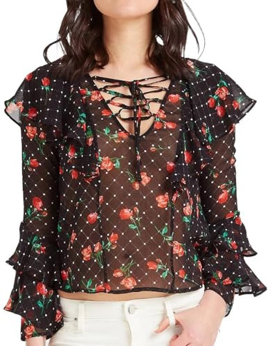 GUESS Camicetta nera a fiori da donna rosa, Nero , XS