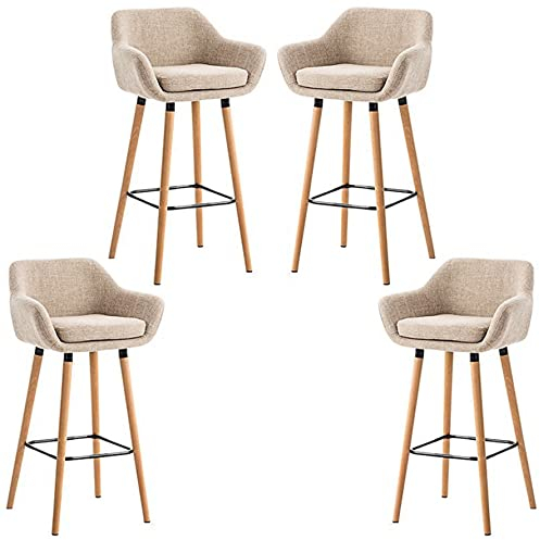 Lot de 4 Tabourets de Bar, avec Dossier et Repose-Pieds, Chaise Haute et Rembourrée, Surface en Lin, Hauteur d’Assise de 64 cm, Pieds en Bois Massif, en Tissu matelassé, élégant