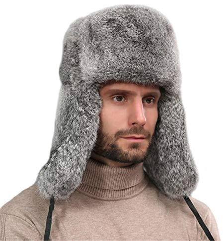 KAISHIN Unisex Winter Vollfell Kaninchenfell Bomber Hüte Russische Ushanka Fliegermützen für Männer Frauen Baumwolle Layer Ski Hüte (as3, Alpha, xx_l, Grau)