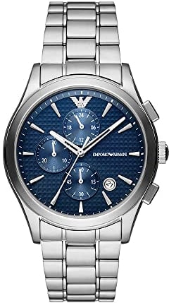 Emporio Armani Herrenuhr , Chronographenwerk, 42MM Silbernes Gehäuse aus recyceltem Edelstahl (Mindestens 50%) mit einem Armband aus recyceltem Edelstahl (Mindestens 50%), AR11528