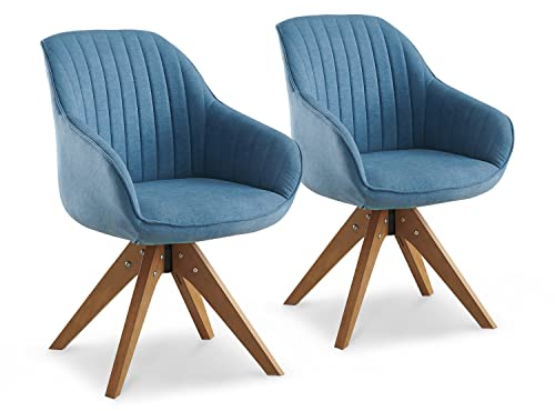 Zouron Esszimmerstühle Drehbar 2er Set Sessel Blau Leinen Polsterstuhl Armlehnstuhl Küchenstuhl Massivholzbeine bis 130kg Belastbar Sitzfläche 43x43cm Schreibstuhl (Blau-Massivholzbeine-2 pcs)