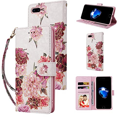 UEEBAI Wallet Case for iPhone SE 2022/7/8/SE 2020, PU Leather Phone Case Kickstand RFID Blocking Card Slots Wrist Strap Engraved Pattern Magnetic Folio Case - White Flower