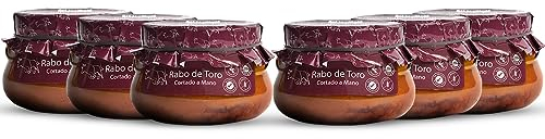 Queue de bœuf sauce au vin rouge coupée à la main. Queue de boeuf mijotée 640grs (Lot de 6). Recette familiale, maison et artisanale. Conserves gourmandes. Cadeau original. 100% Fabriqué en Espagne.