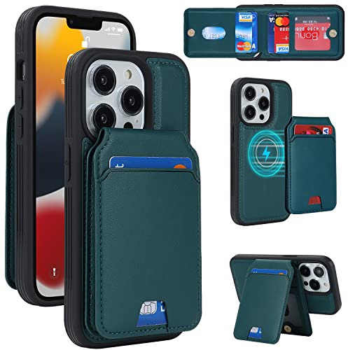 Cavor Coque iPhone 13 Pro Max/12 Pro Max Compatible avec Magsafe Wallet,[5 Porte Cartes] Portefeuille Magnetique Étui en Cuir Support Protection Housse Etui - Vert foncé
