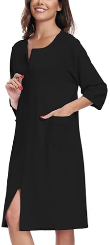 COLORFULLEAF Damen Bademantel mit Reißverschluss Leicht Morgenmantel 100% Baumwolle Hausmantel 3/4 Ärmel Nachthemd mit Taschen(Schwarz,L)