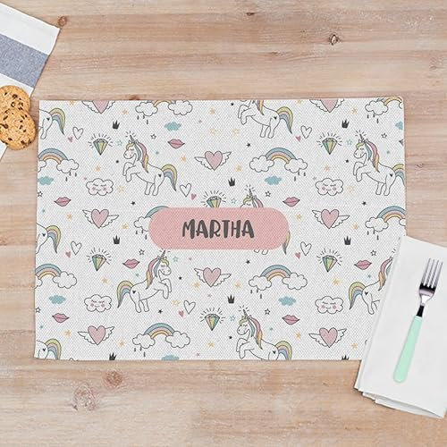 Wanapix | Tischset für Kinder Personalisiert mit Namen | Platzdecke Wachstuch Bedrucken | Wasserdicht | Für die Waschmaschine geeignet | 50x35 cm | Einhorn