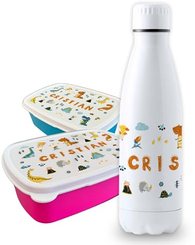 Pack vuelta al cole diseño dinosaurios botella personalizada + fiambrera personalizada con texto para el colegio o guardería. Libre BPA y reutilizable | Bebidas frías y calientes hasta 12h