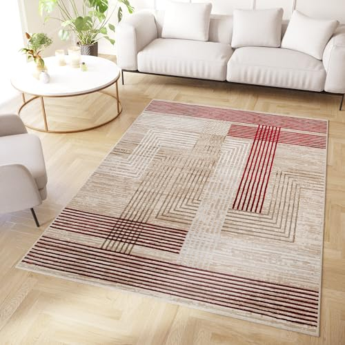 TAPISO Crystal Teppich Kurzflor Glänzend Burgund Beige Weiß Streifen Geometrisch 3D Effekt Wohnzimmer Schlafzimmer Modern Design ÖKO-TEX 250 x 350 cm