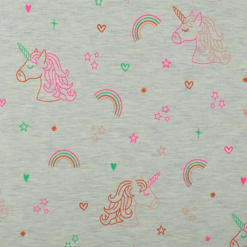 Jersey Stoff Einhörner neon, Kinderstoff Einhorn, meliert ecru (Länge am Stück: ab 50cm / Breite: 145cm)