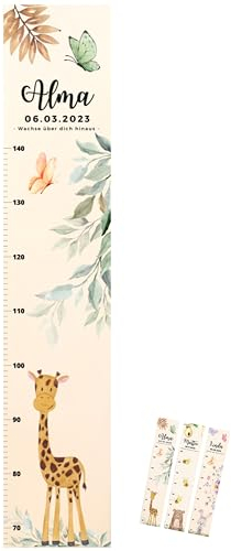 wunderwunsch® - Personalisierte Messlatte Kind Holz zum Kleben oder Aufhängen - Skala 70-140cm - Süße Dekoration für Baby- & Kleinkinderzimmer (Giraffe)