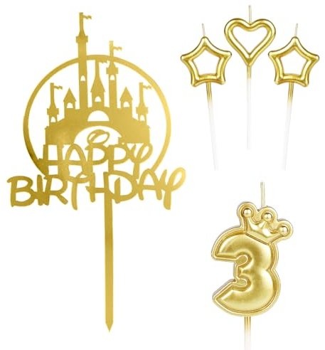 mciskin Girls Happy 3rd Birthday Candles Cake Toppers, Gold Castle Cake Topper, Crown Number 3 Candle for Cake, Candles Cake Cupcake Topper for Baby Birthday Party Decorations 3rd Wedding Anniversary