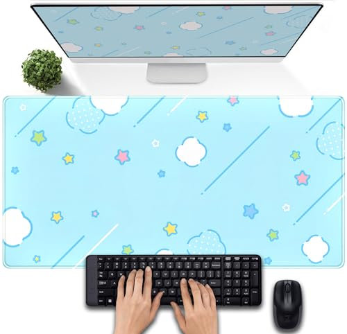 Pastellblaue Stern-Gitter-Schreibtischmatte, Kawaii-Mauspad, niedliches großes Gaming, Schreibtischunterlage XXL, für Tastatur und Maus, Laptop-Computermatte, groß, für Damen, 80 x 39,9 cm