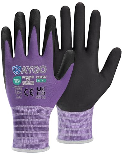 KAYGO Safety Work Gloves MicroFoam Nitrile Coated 3 Pairs, KG18NP | 15G Seamless Knit Nylon Liner, Breathable, High Dexterity, Non-Slip Grip in Oily for Warehouse, Automotive, DIY (Purple, XL)