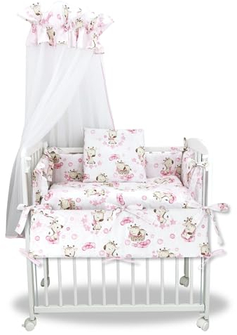 Baby Delux Beistellbett Set Babybett Komplett Set Stubenwagen weiß 90x40 mobil mit Rädern inkl. Bettwäsche Matratze (Giraffe rosa)